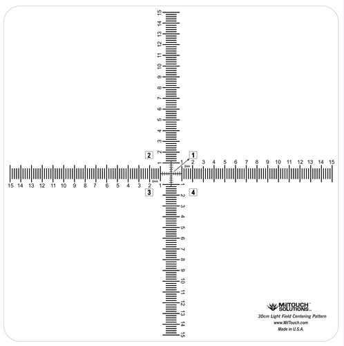 30 cm high definition, LEAD-FREE radiopaque centering pattern. This 30 cm cross pattern is designed for a quick machine check and alignment.